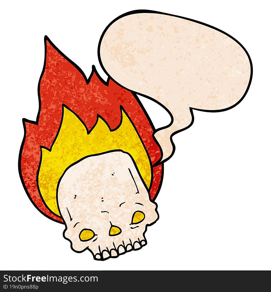 spooky cartoon flaming skull and speech bubble in retro texture style