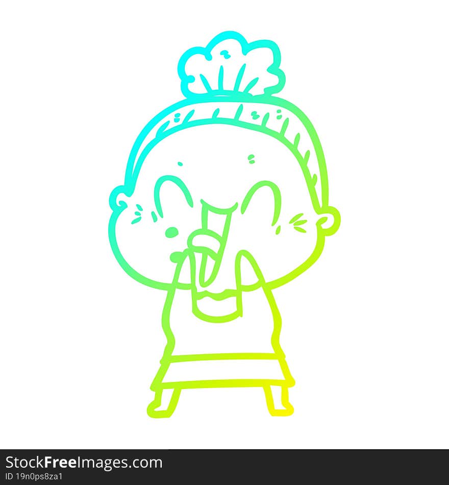 cold gradient line drawing of a cartoon happy old woman