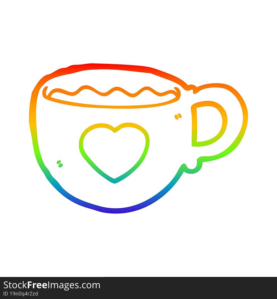 rainbow gradient line drawing of a I love coffee cartoon cup