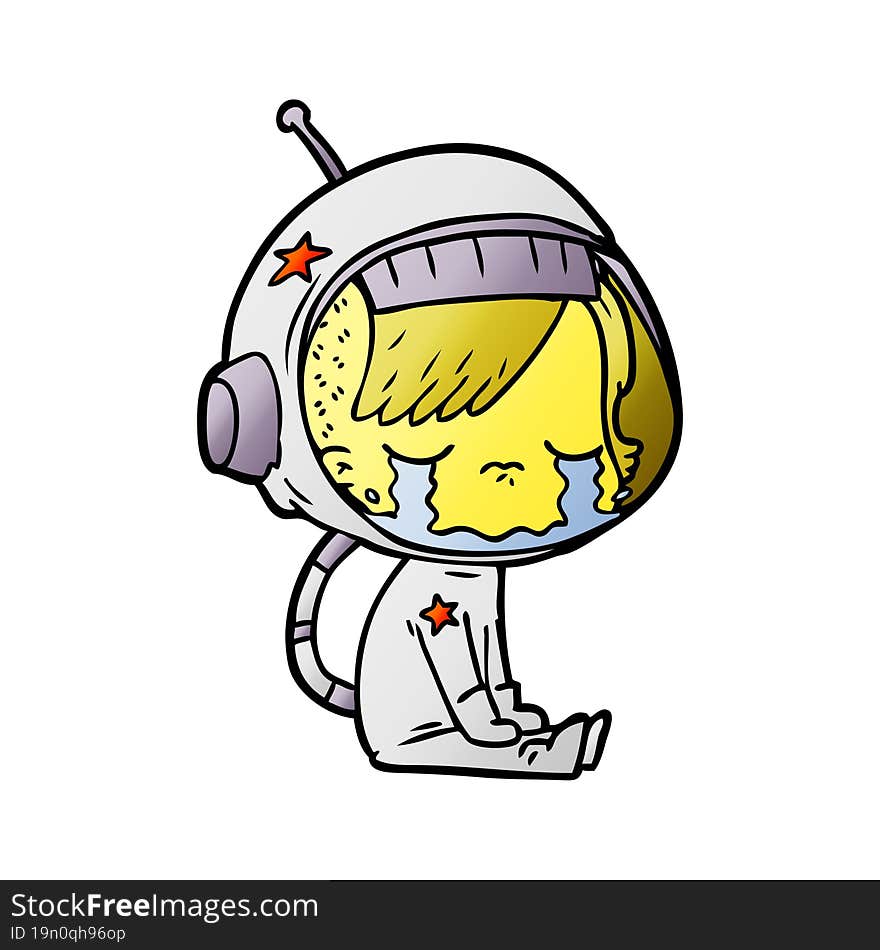 cartoon crying astronaut girl sitting. cartoon crying astronaut girl sitting