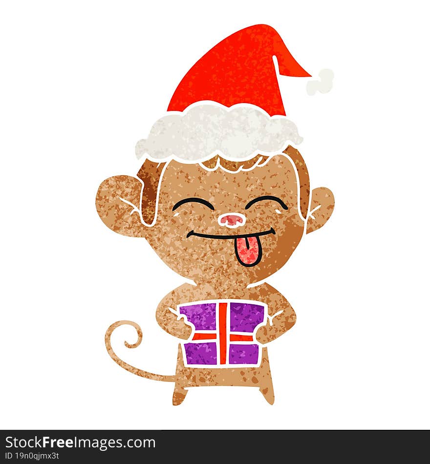 Funny Retro Cartoon Of A Monkey With Christmas Present Wearing Santa Hat