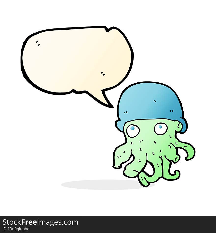 cartoon alien head wearing hat with speech bubble