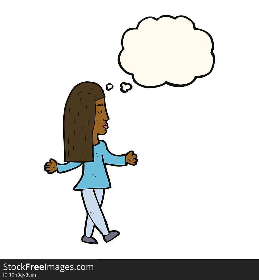 cartoon woman shrugging shoulders with thought bubble