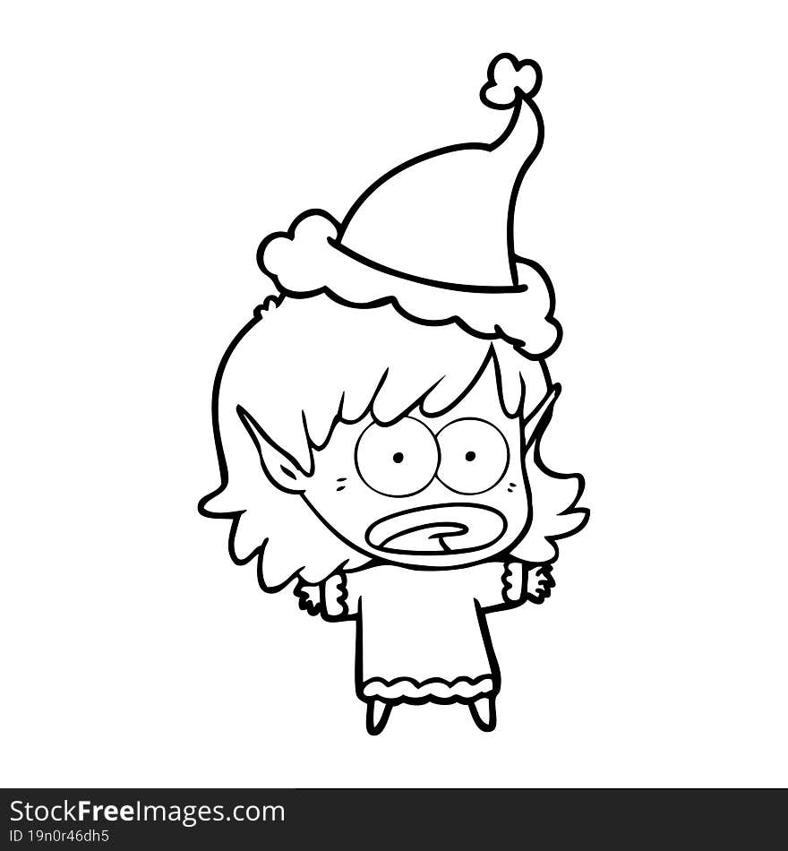 line drawing of a shocked elf girl wearing santa hat