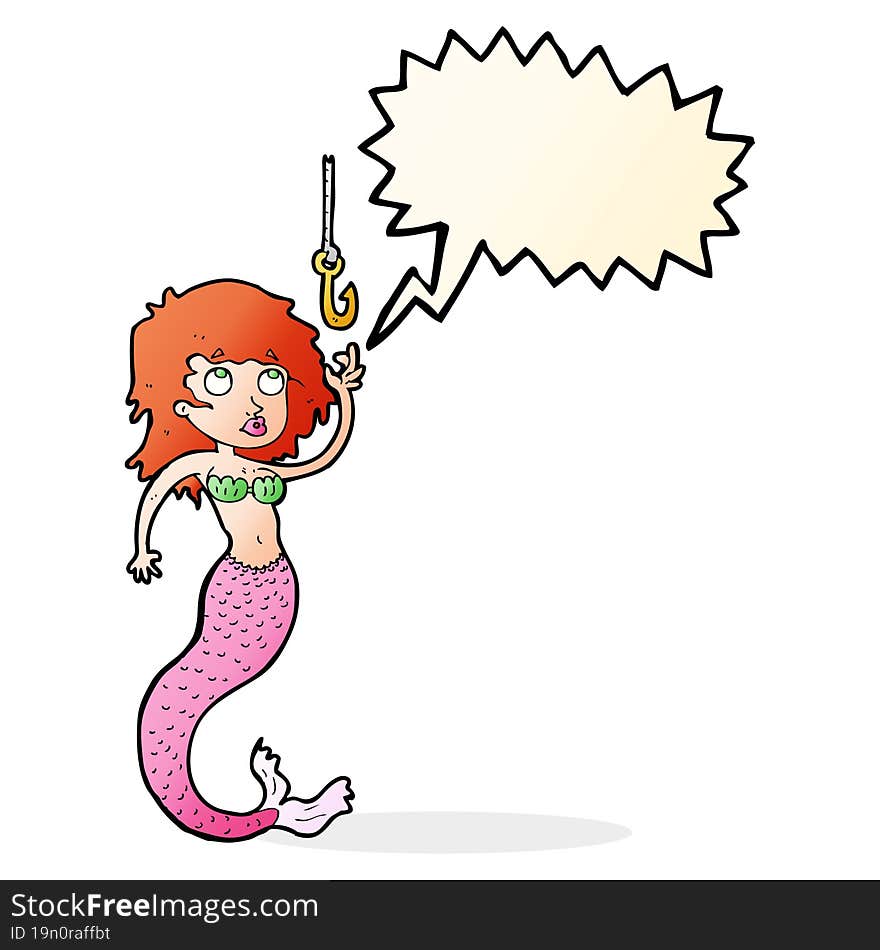 cartoon mermaid and fish hook with speech bubble