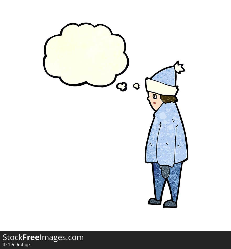 Cartoon Person In Winter Clothes With Thought Bubble