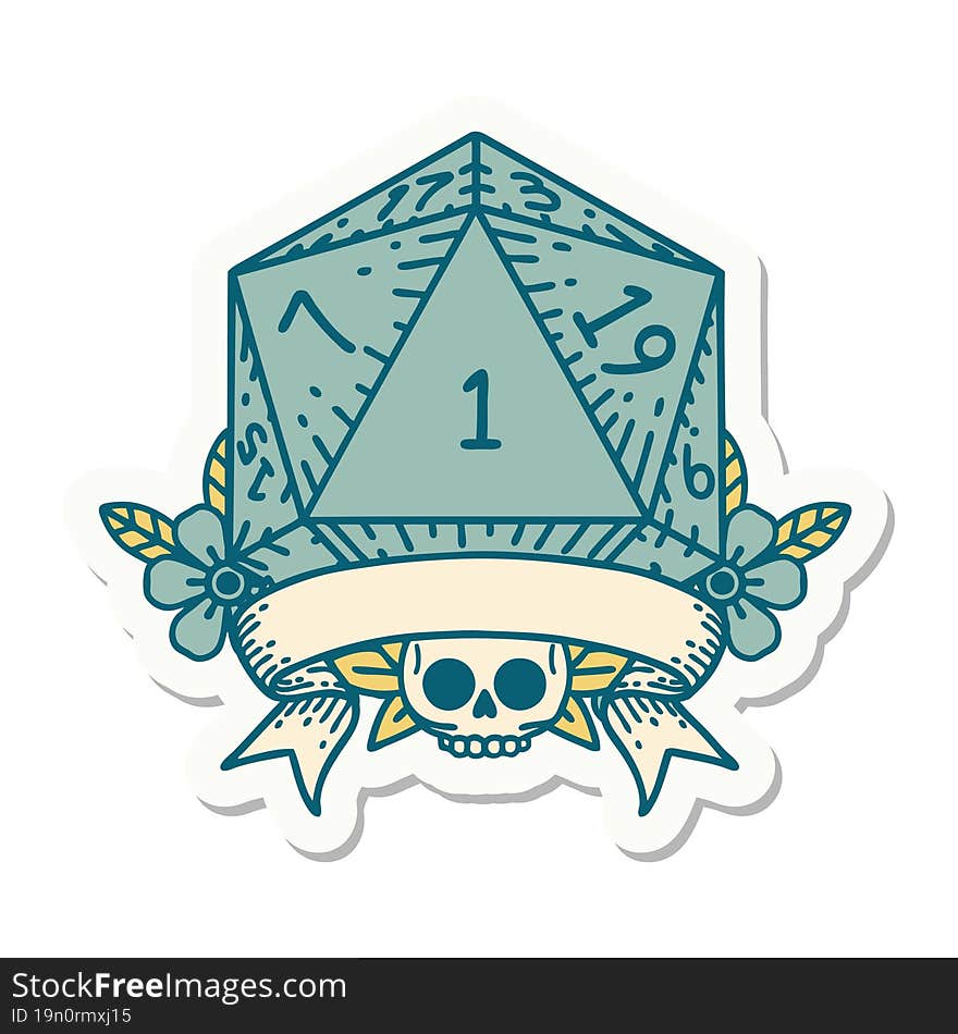 sticker of a natural one d20 dice roll. sticker of a natural one d20 dice roll