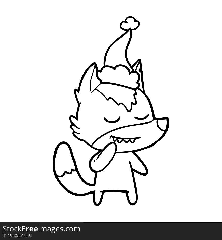 Friendly Line Drawing Of A Wolf Wearing Santa Hat