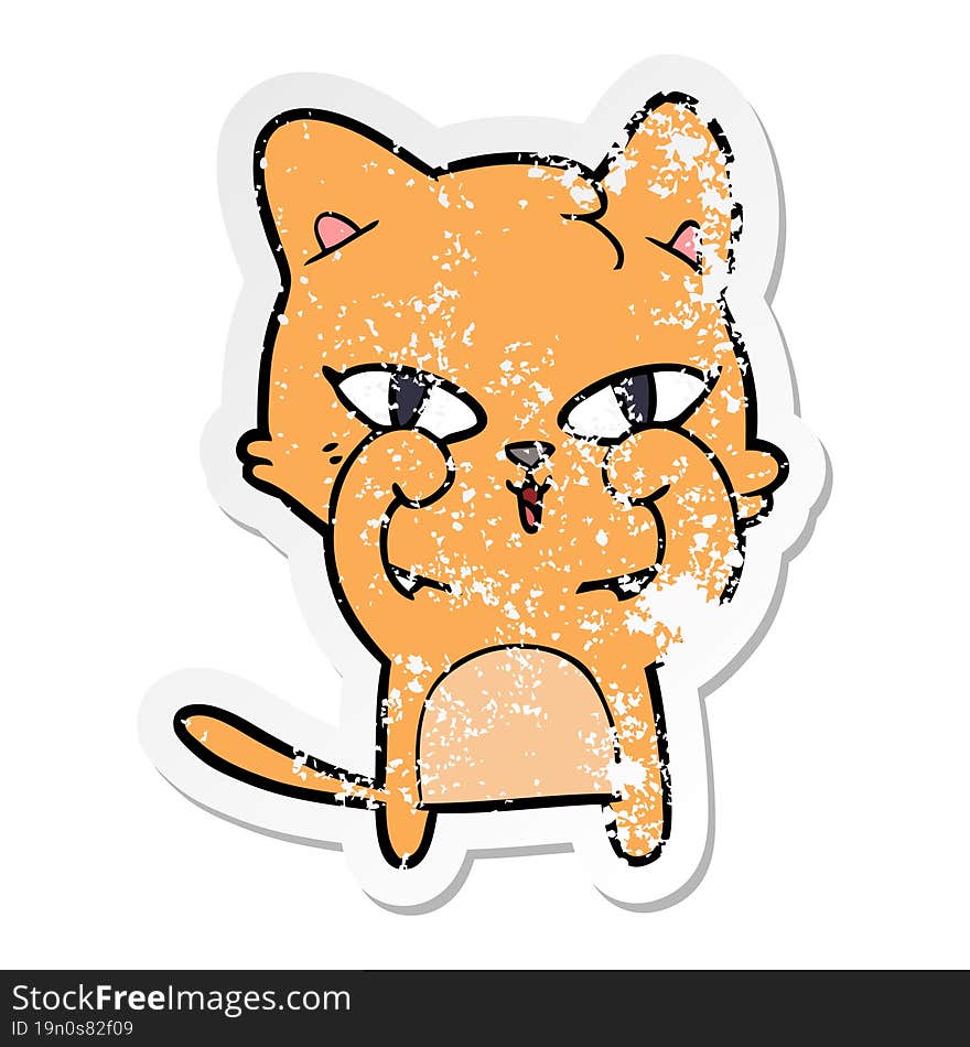 distressed sticker of a cartoon cat rubbing eyes