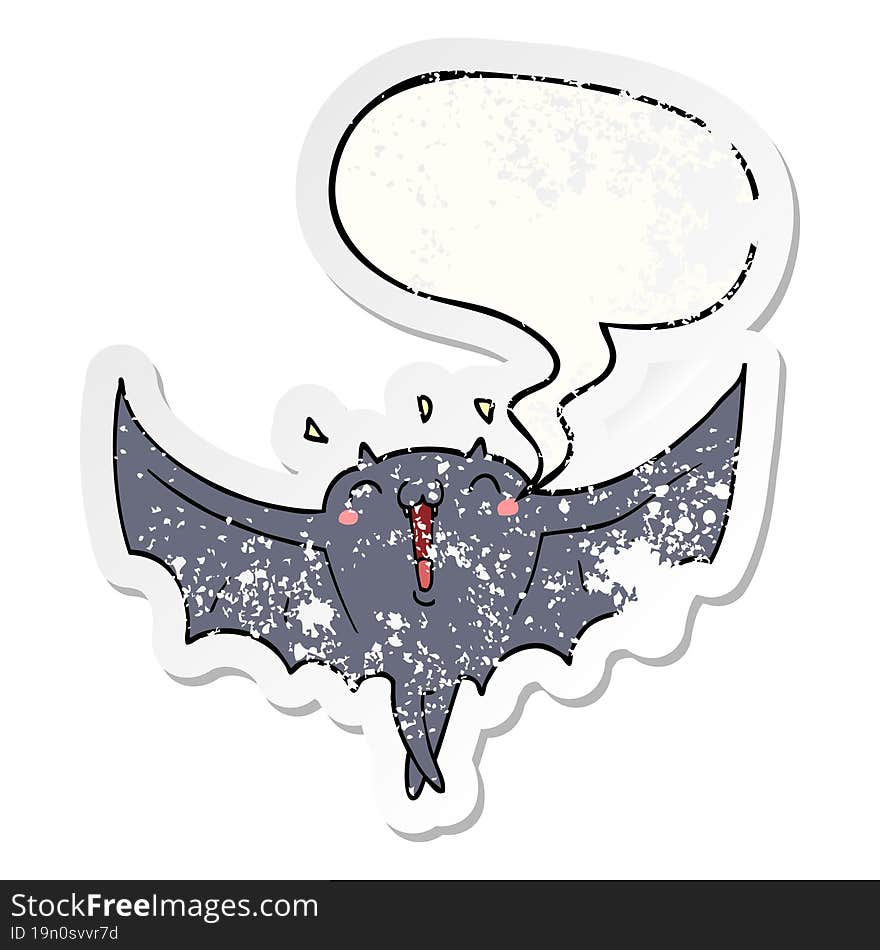 Cartoon Happy Vampire Bat And Speech Bubble Distressed Sticker