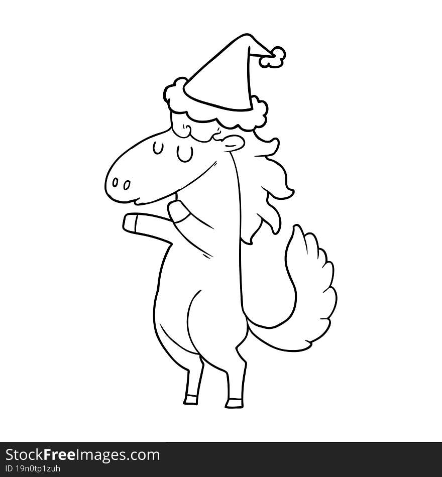 line drawing of a horse wearing santa hat