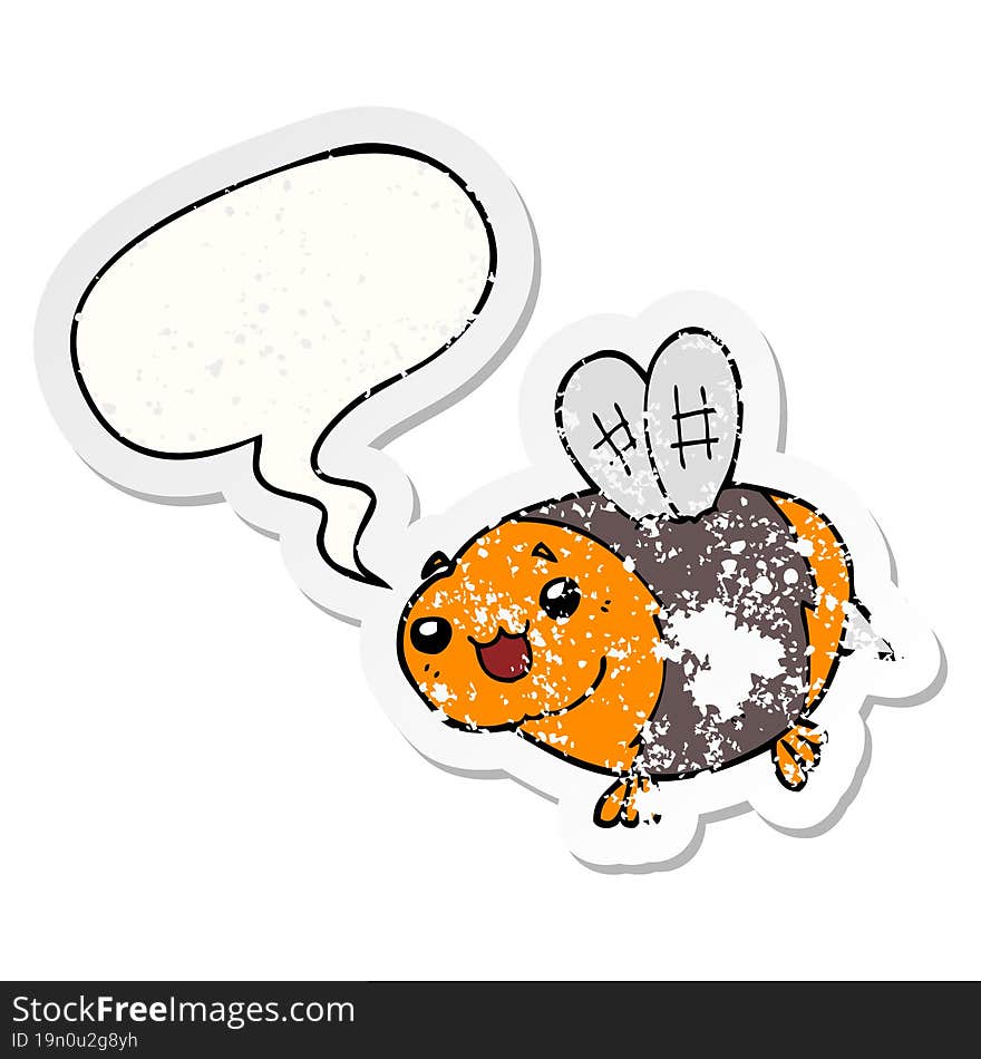 funny cartoon bee and speech bubble distressed sticker