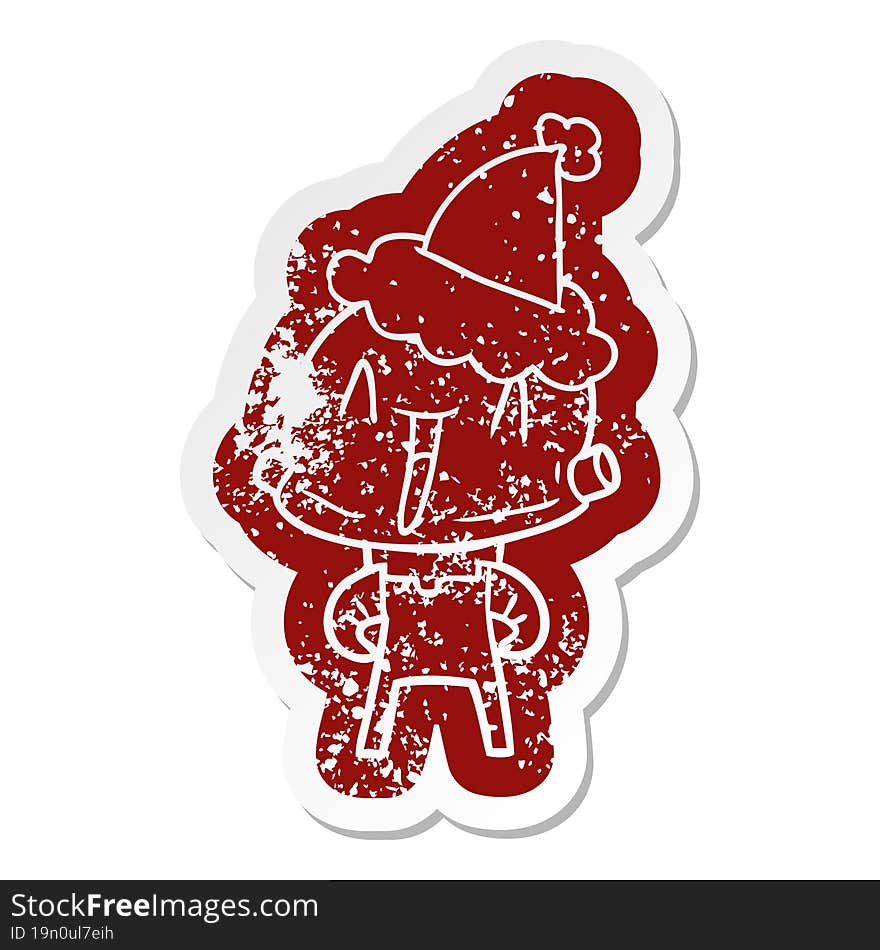 cartoon distressed sticker of a robot wearing santa hat