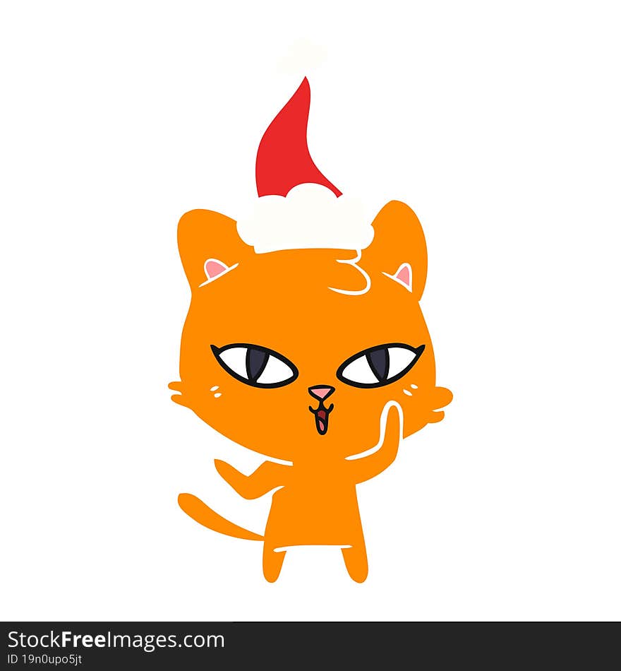 Flat Color Illustration Of A Cat Wearing Santa Hat