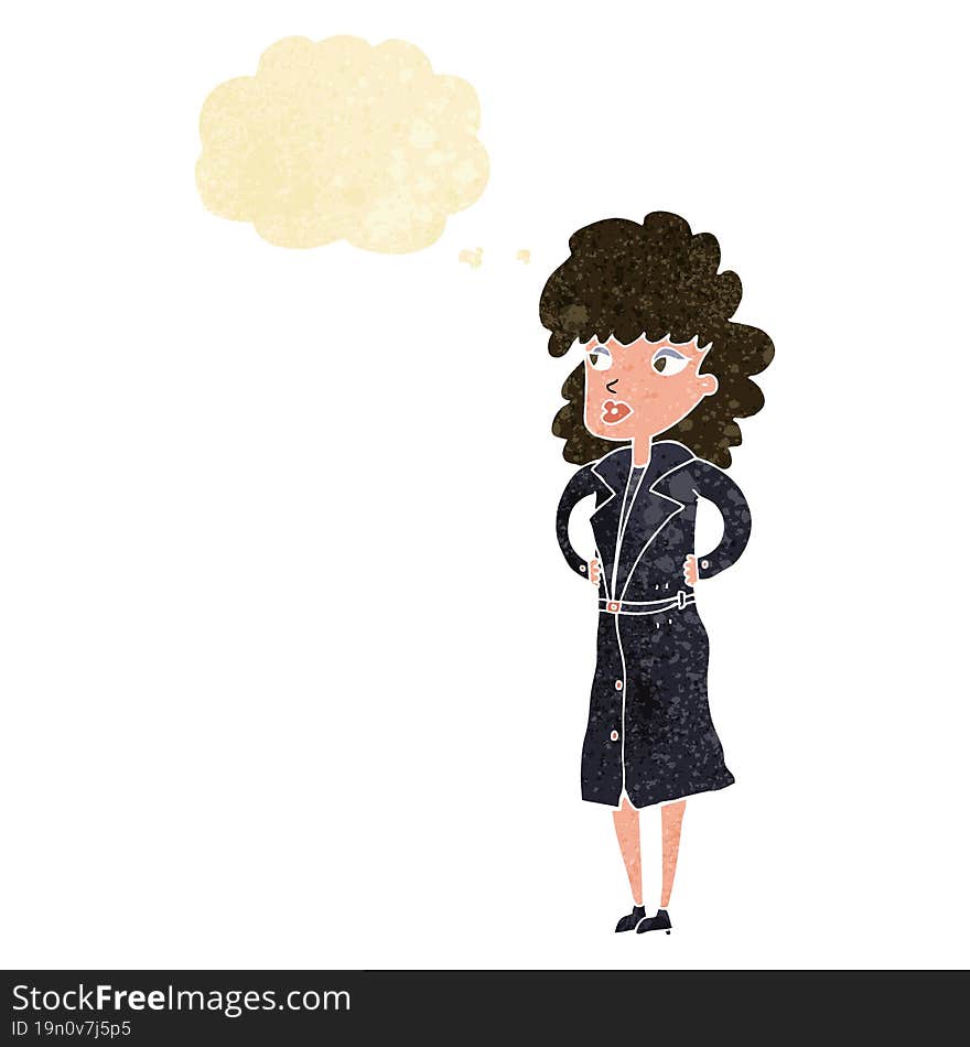 cartoon woman in trench coat with thought bubble