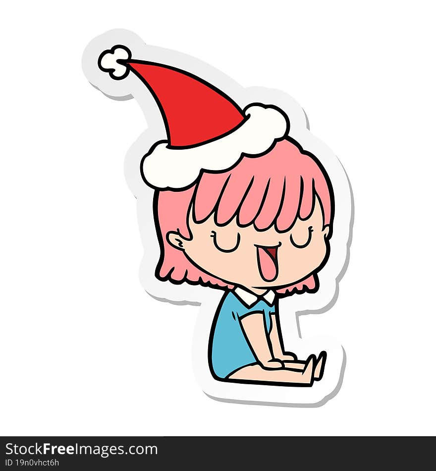 hand drawn sticker cartoon of a woman wearing santa hat