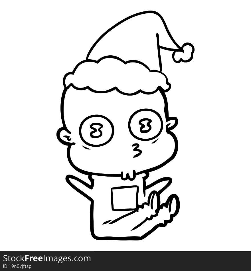 hand drawn line drawing of a weird bald spaceman wearing santa hat