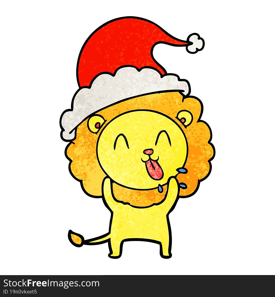 happy textured cartoon of a lion wearing santa hat