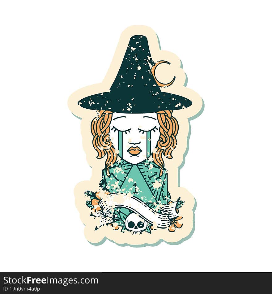 Retro Tattoo Style crying human witch with natural D20 roll. Retro Tattoo Style crying human witch with natural D20 roll