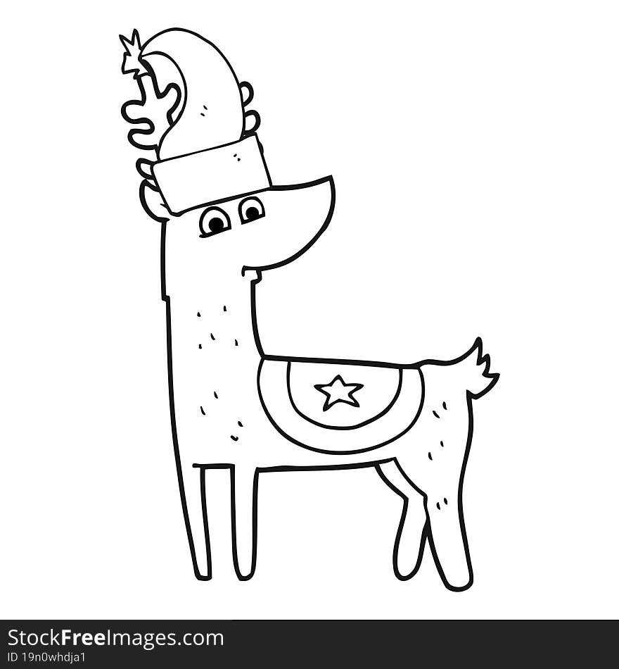 freehand drawn black and white cartoon reindeer wearing christmas hat