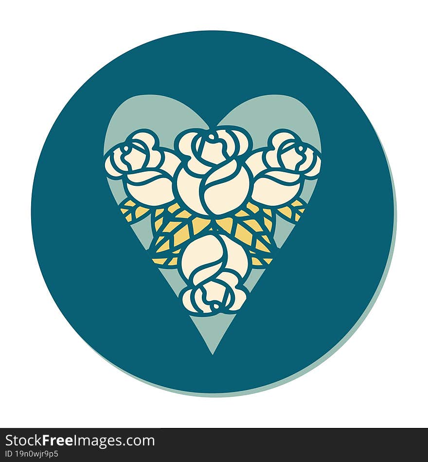 sticker of tattoo in traditional style of a heart and flowers. sticker of tattoo in traditional style of a heart and flowers