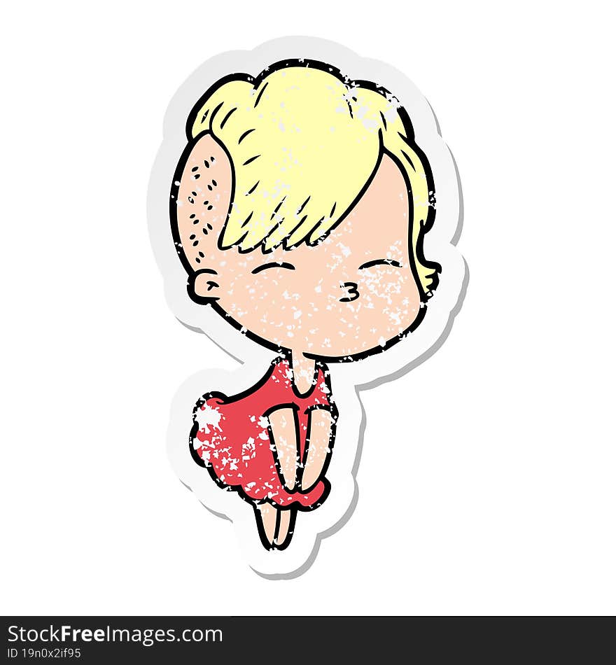 distressed sticker of a cartoon squinting girl in dress