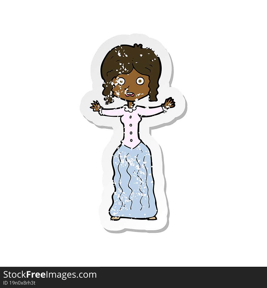 retro distressed sticker of a cartoon worried victorian woman