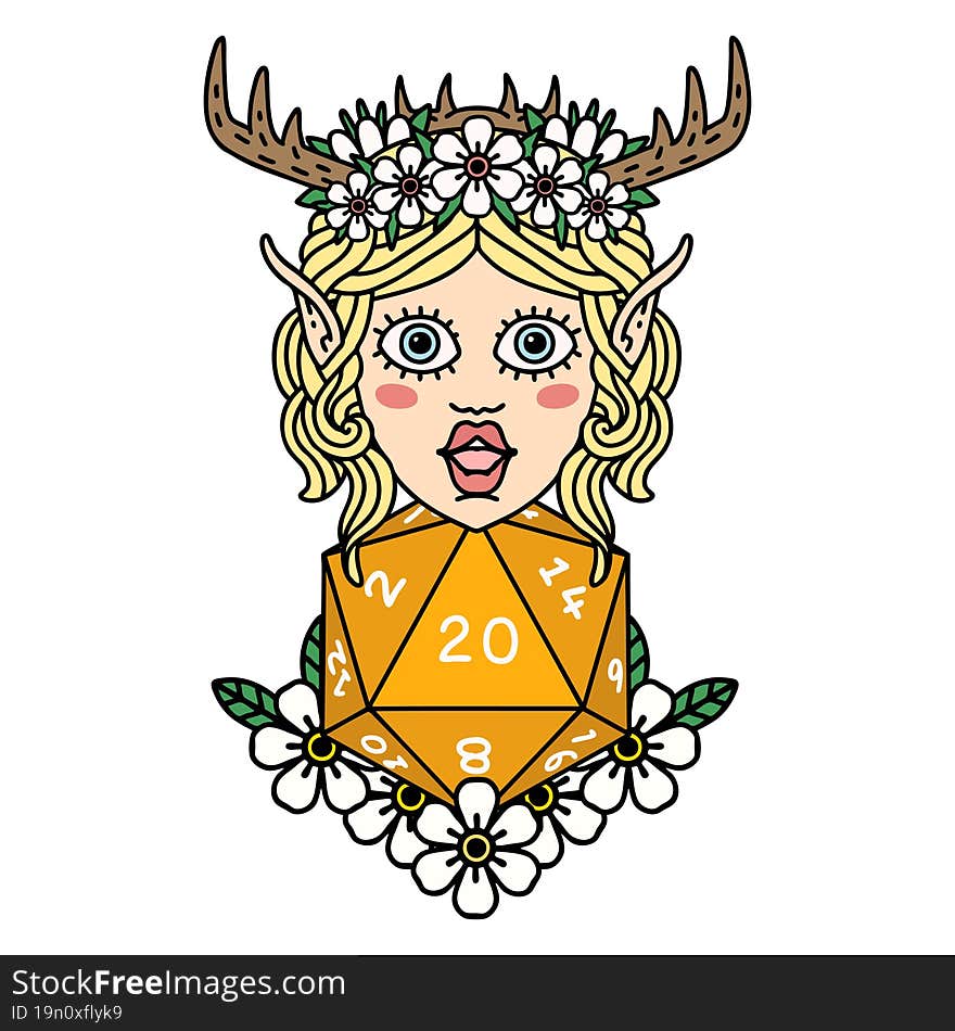 Retro Tattoo Style elf druid character with nautral twenty dice roll. Retro Tattoo Style elf druid character with nautral twenty dice roll