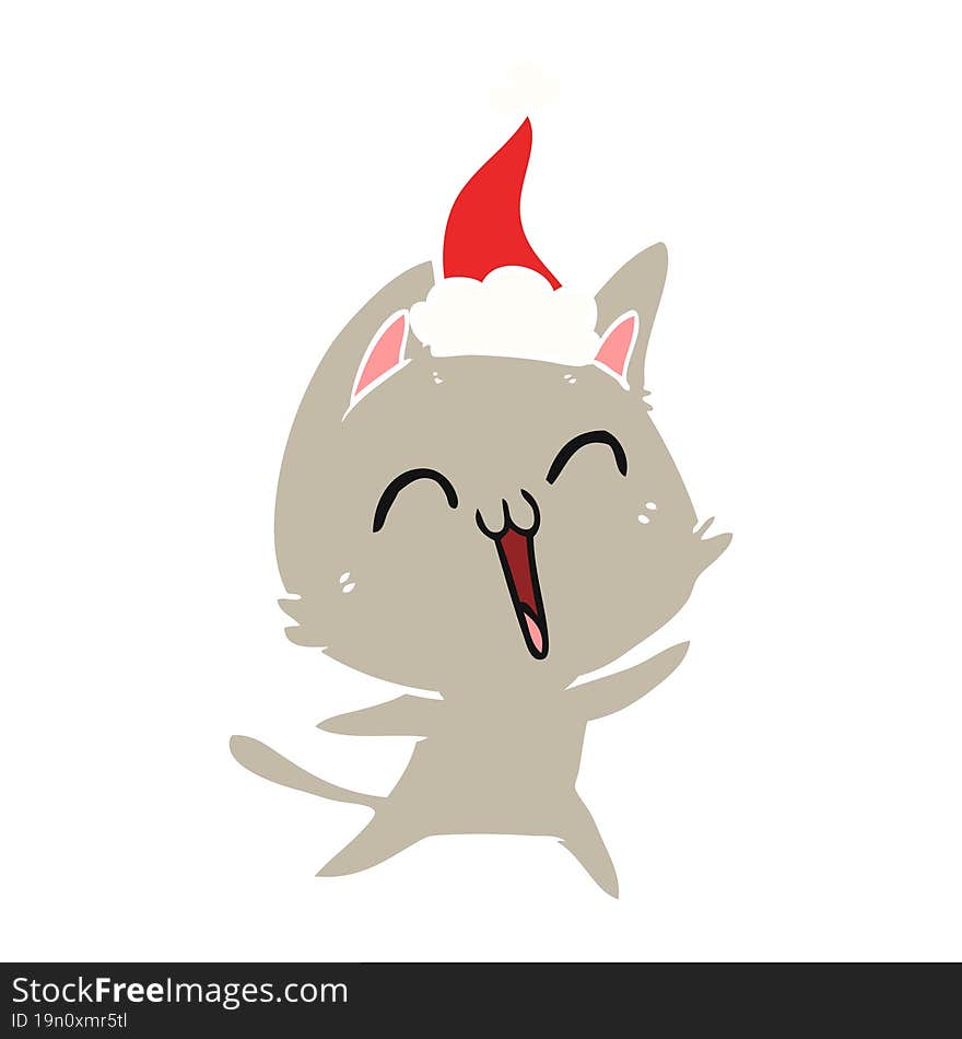 happy flat color illustration of a cat wearing santa hat