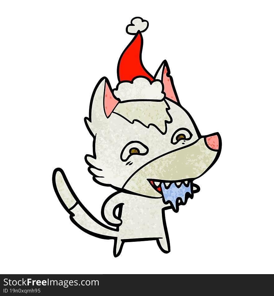 textured cartoon of a hungry wolf wearing santa hat