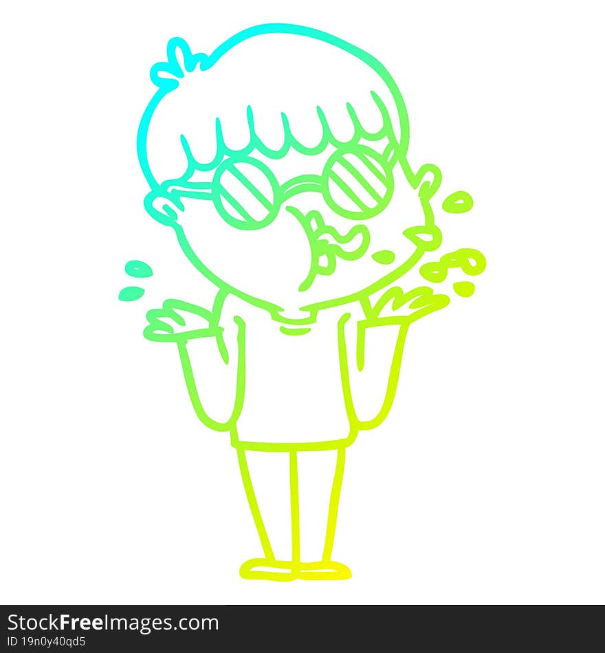 Cold Gradient Line Drawing Cartoon Boy Wearing Spectacles Shrugging Shoulders