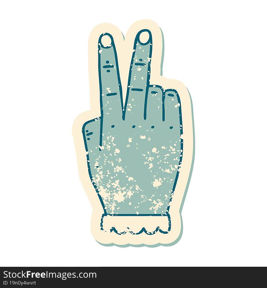 grunge sticker of a hand raising two fingers gesture. grunge sticker of a hand raising two fingers gesture