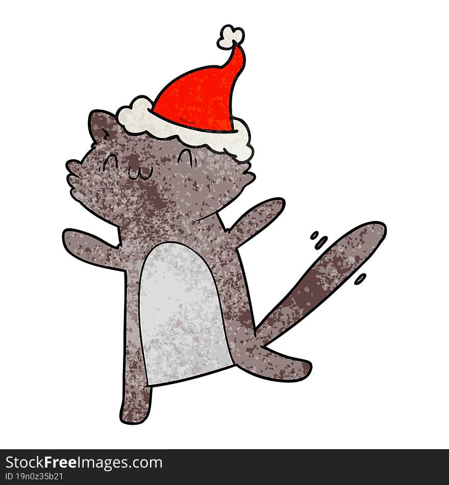 textured cartoon of a dancing cat wearing santa hat