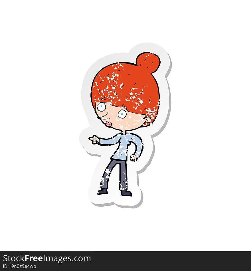 retro distressed sticker of a cartoon woman pointing