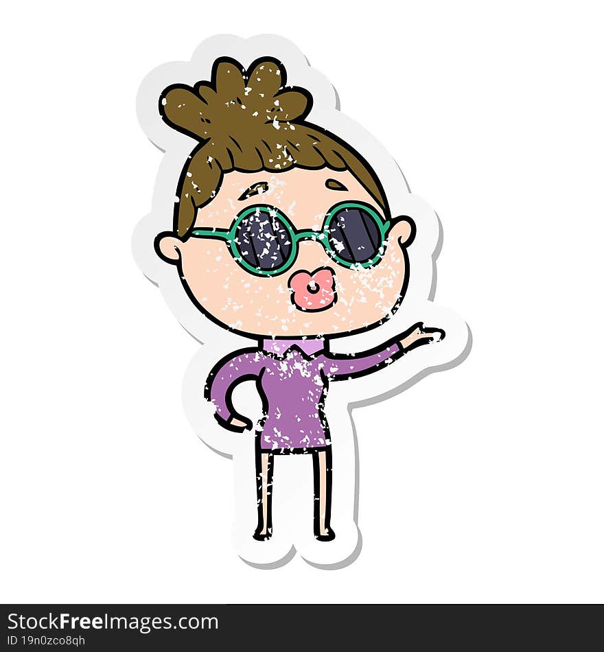 distressed sticker of a cartoon woman wearing sunglasses