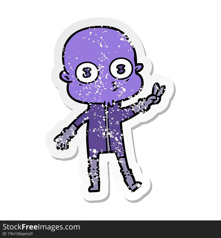 distressed sticker of a cartoon weird bald spaceman