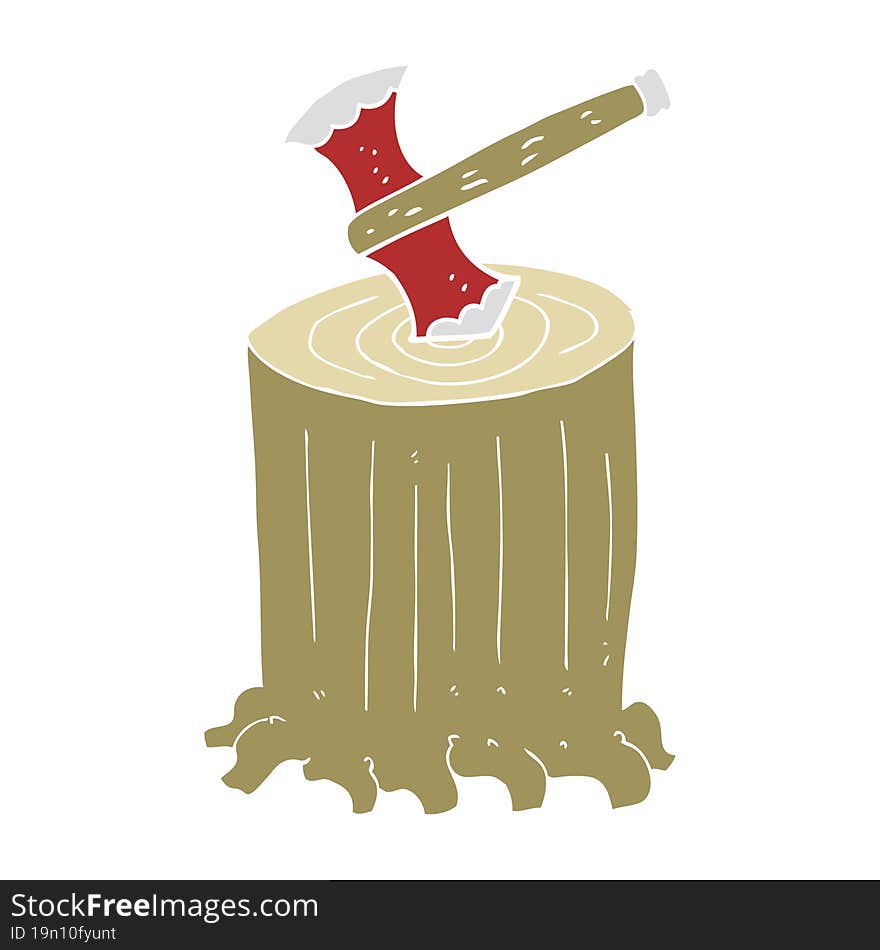 flat color illustration of a cartoon tree stump and axe