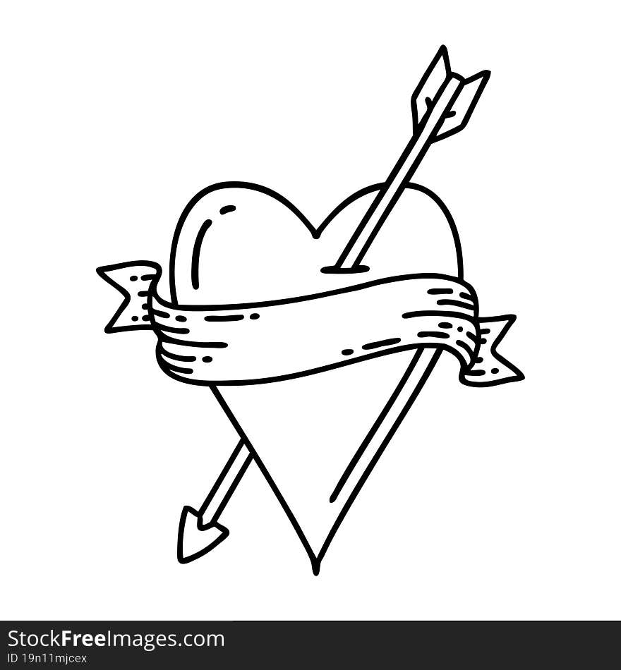 Black Line Tattoo Of An Arrow Heart And Banner