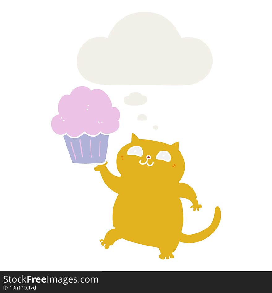 cartoon cat with cupcake with thought bubble in retro style