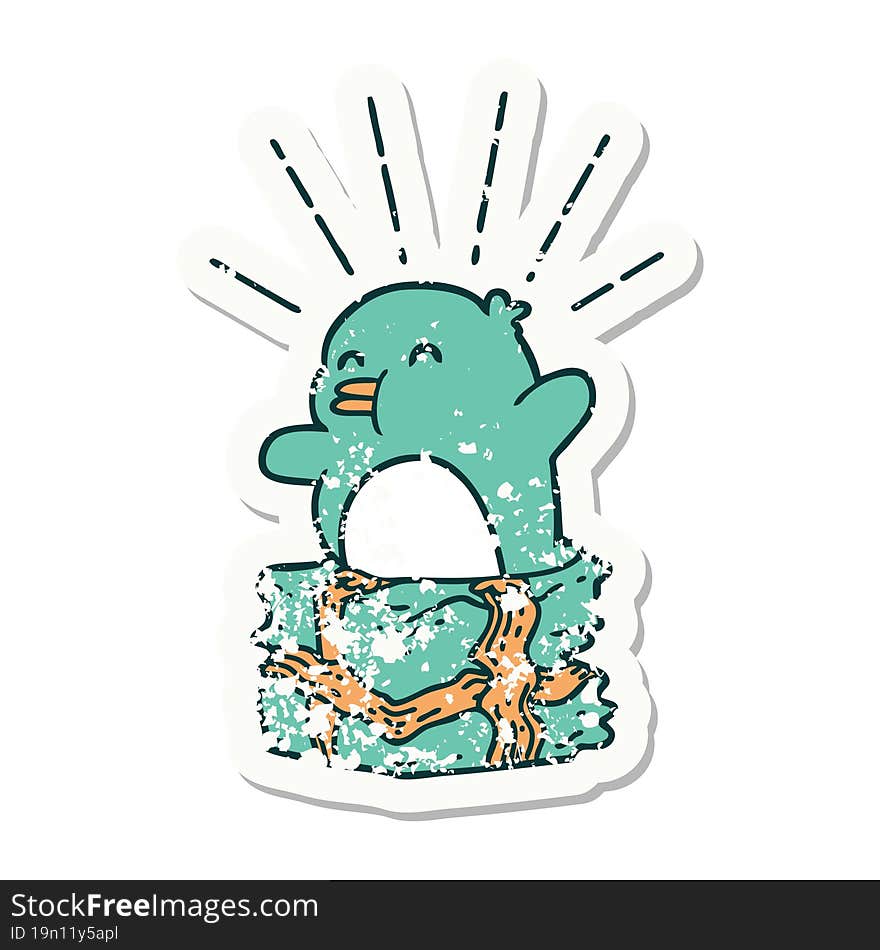 grunge sticker of tattoo style penguin sitting on present