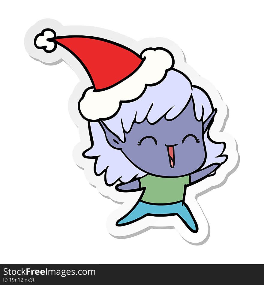 sticker cartoon of a elf girl wearing santa hat