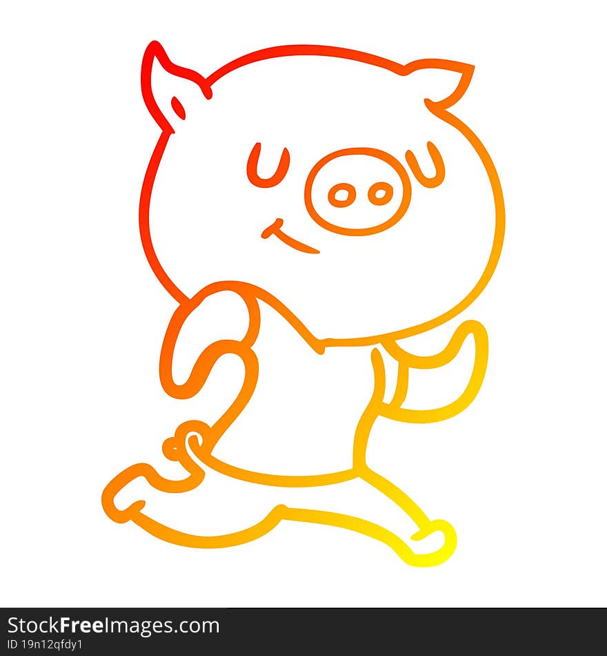 warm gradient line drawing of a happy cartoon pig running