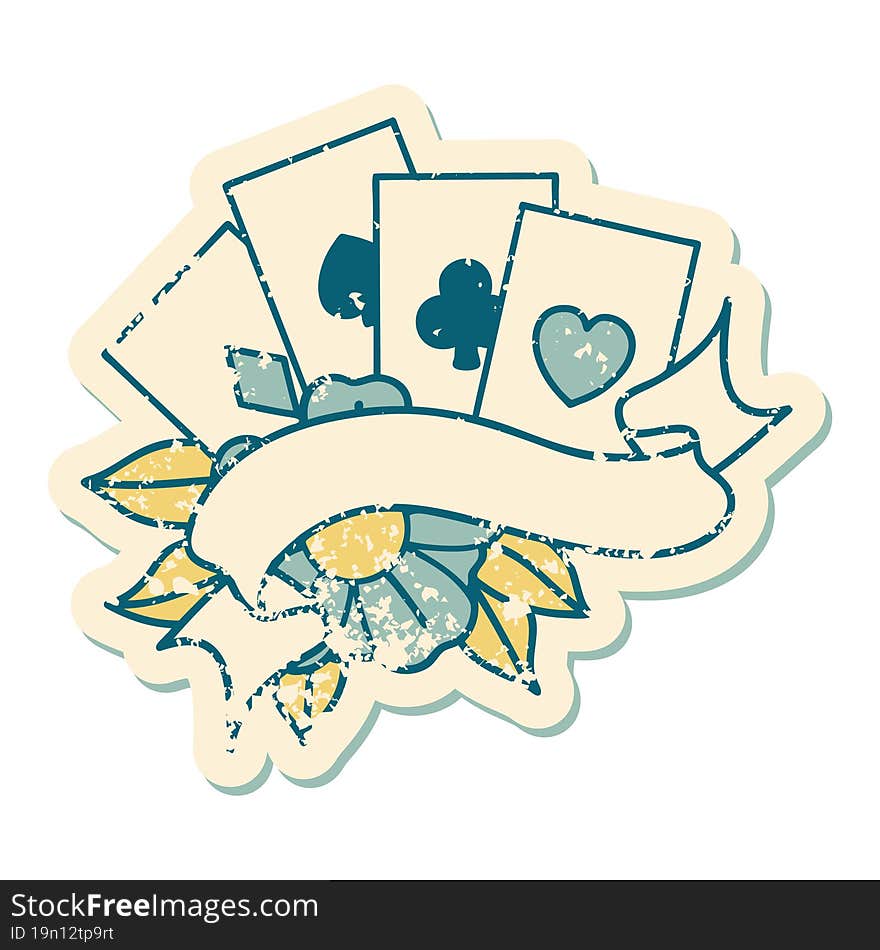 distressed sticker tattoo style icon of cards and banner