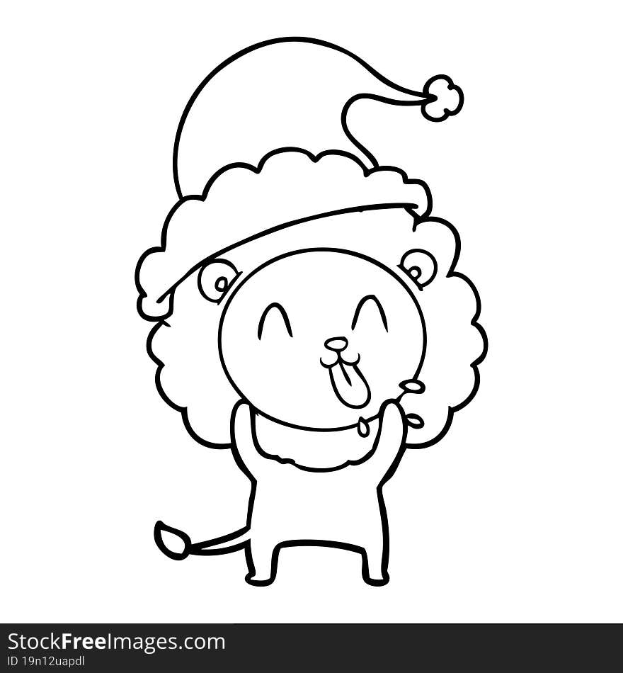 happy line drawing of a lion wearing santa hat