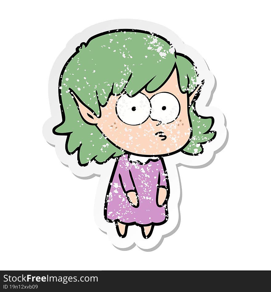 distressed sticker of a cartoon elf girl staring