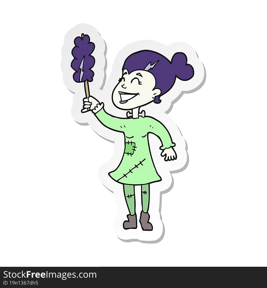 sticker of a cartoon undead monster lady cleaning