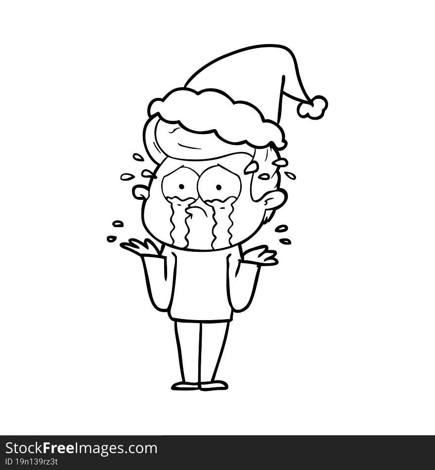 line drawing of a crying man wearing santa hat