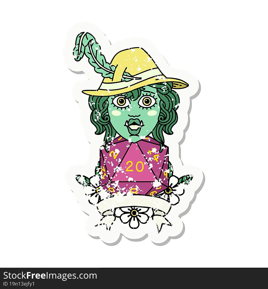 Half Orc Bard With Natural 20 Dice Roll Grunge Sticker