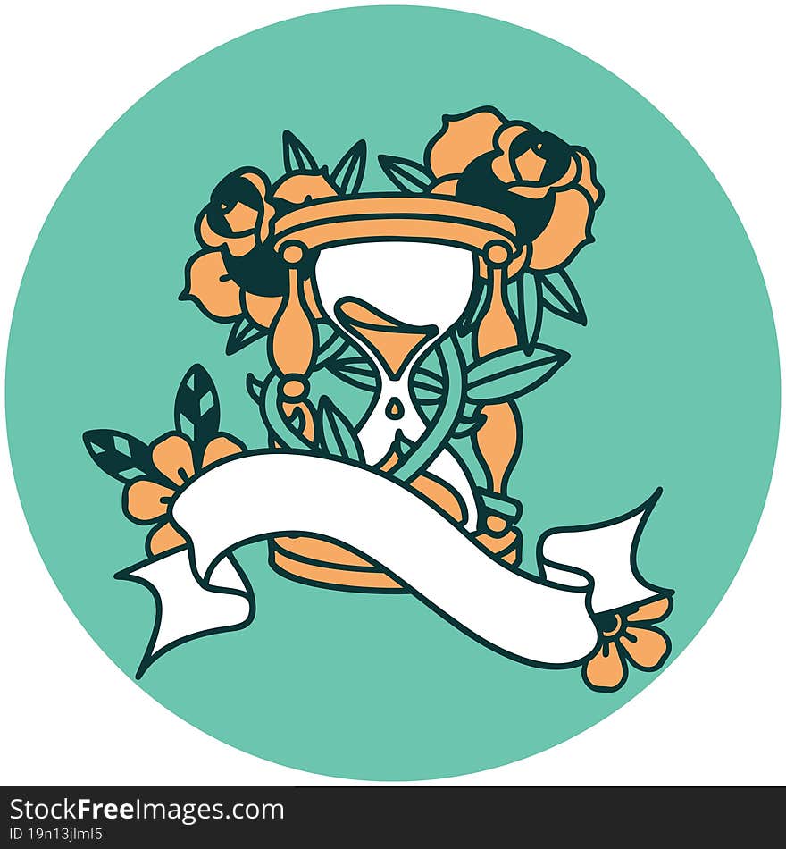 tattoo style icon with banner of an hour glass and flowers