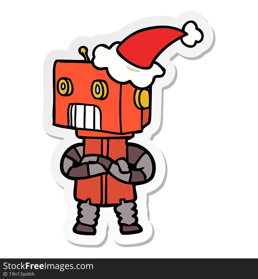 sticker cartoon of a robot wearing santa hat